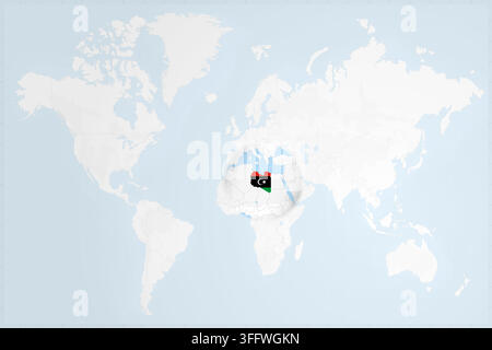 A clean, minimalist world map featuring a circular zoom on North Africa, highlighting Libya with its national flag colors. Stock Vector
