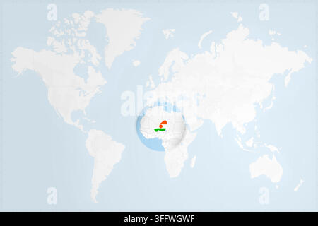 A clean, minimalist world map featuring a circular zoom on West Africa, highlighting Niger with its national flag colors. Stock Vector