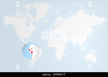 A clean, minimalist world map featuring a circular zoom on South America, highlighting Peru with its national flag colors. Stock Vector