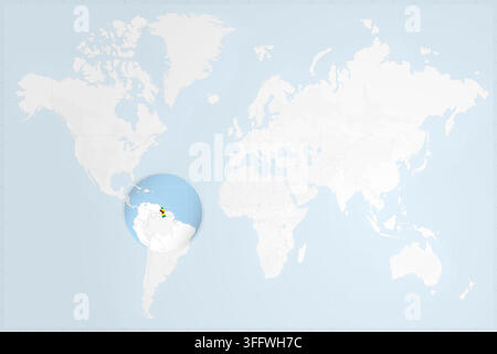 A clean, minimalist world map featuring a circular zoom on South America, highlighting Guyana with its national flag colors. Stock Vector