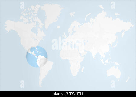 A clean, minimalist world map featuring a circular zoom on Central America, highlighting Panama with its national flag colors. Stock Vector