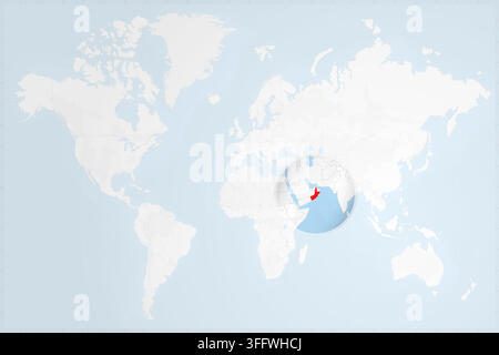 A clean, minimalist world map featuring a circular zoom on the Arabian Peninsula, highlighting Oman with its national flag colors. Stock Vector