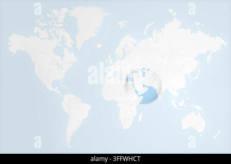 A clean, minimalist world map featuring a circular zoom on the Persian Gulf, highlighting Qatar with its national flag colors. Stock Vector