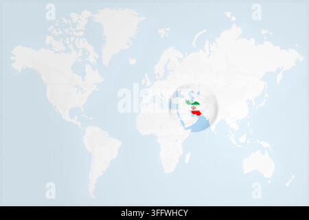 A clean, minimalist world map featuring a circular zoom on the Middle East, highlighting Iran with its national flag colors. Stock Vector