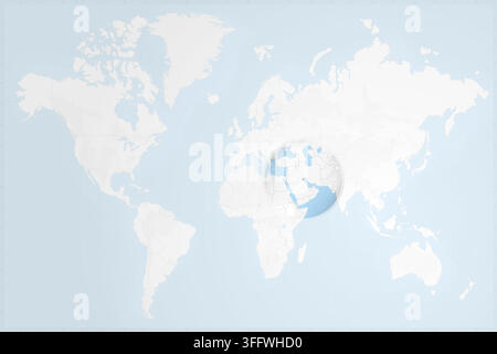 A clean, minimalist world map featuring a circular zoom on the Persian Gulf, highlighting Kuwait with its national flag colors. Stock Vector