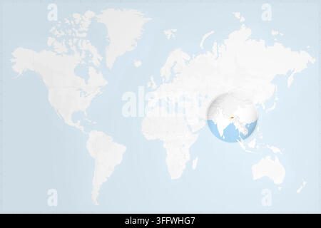 A clean, minimalist world map featuring a circular zoom on the Himalayas, highlighting Bhutan with its national flag colors. Stock Vector