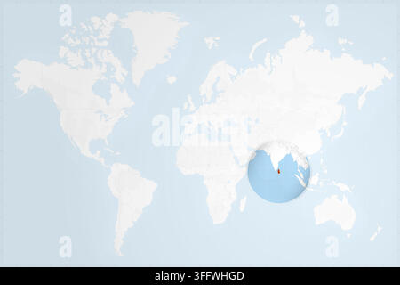 A clean, minimalist world map featuring a circular zoom on the Indian Ocean, highlighting Sri Lanka with its national flag colors. Stock Vector