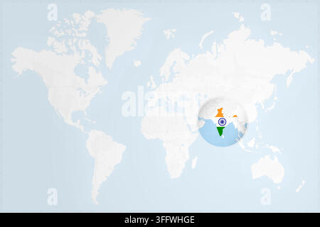 A clean, minimalist world map featuring a circular zoom on South Asia, highlighting India with its national flag colors. Stock Vector
