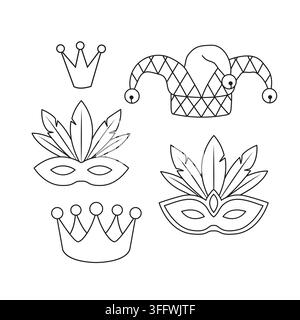 Set of black line art carnival accessories with feathered masquerade eye masks, checkered jester hat with bells and golden crowns isolated on white Stock Vector