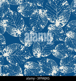 Botanical seamless pattern with blue cyanotype linden leaves stamps. Monochrome grunge autumn nature background Stock Vector