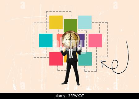 Collage of a man with a compass in the head and fingers pointing upwards on pink background colored squares and an arrow Stock Photo