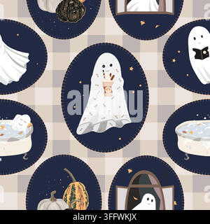 Cute Halloween frames seamless pattern on gingham with fall elements and cute ghosts lifestyle. Vector illustration. Stock Vector