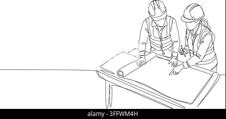 continuous line drawing of a male and female civil engineers wearing hard hats and safety vests reviewing blueprints, line art vector illustration Stock Vector