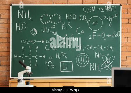 Science education and chemistry research, chemical formulas and molecular structures written on a green chalkboard in a laboratory classroom setting Stock Photo