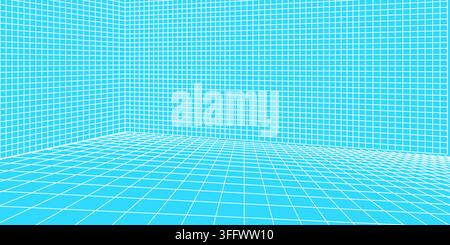 3D wireframe blue with white line gradient room colorful on background. Abstract perspective grid. Vector illustration Stock Vector