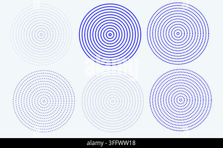 Sonar or sound wave ring collection, Black concentric circle set, Ripple radial signal or vibration elements. Dotted and linear epicentre, target, rad Stock Vector