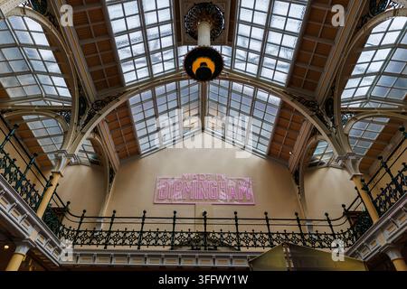 “Made in Birmingham” pink neon sign displayed inside Birmingham Museum and Art Gallery, celebrating the city’s creative identity, industrial heritage Stock Photo