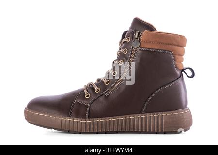 Side view of brown leather casual boot with laces and side zipper isolated on white background Stock Photo