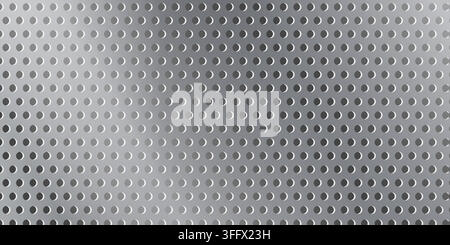 Seamless vector metal texture. gray metal with uniform round perforations. Industrial or modern workshop style. Industrial metallic perforated grill b Stock Vector