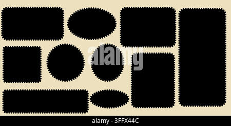 Set of postage stamp frames with wavy edges in various rectangular and circular shapes Post mail stamp frame shape, Clean postage stamp template. Scal Stock Vector