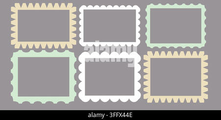 Postage stamp blank vector template set. Mockup letter elements for postal correspondence design. Perforated edges rectangular form vector, empty shap Stock Vector