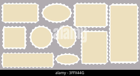 Set of postage stamp frames with wavy edges in various rectangular and circular shapes Post mail stamp frame shape, Clean postage stamp template. Scal Stock Vector