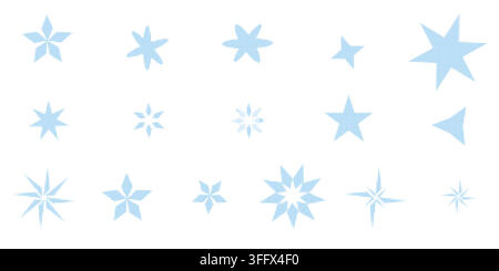 Set blue snowflake icon halftone dot effect. Snowflake pattern. Grain shape of star, sparkle. Noise radial form. Vector grainy illustration modern win Stock Vector