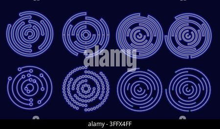 Blue neon concentric circle set. Vector line and halftone symbols. Sonar or sound wave ring collection.  Ripple radial signal or vibration elements. D Stock Vector