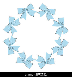 Circular wreath made of blue ribbon bows. Decorative frame element for holiday greeting card and festive invitation. Creative design component with copy space for gift announcement. Stock Vector