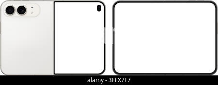 Detailed folded white new mobile phone mockup. Front and rear smartphone view isolated on transparent background. Vector PNG Stock Vector