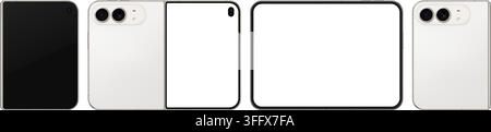 Detailed folded white new mobile phone mockup. Front and rear smartphone view isolated on transparent background. Vector PNG Stock Vector