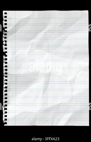 crumpled torn blank lined spiral notebook page isolated on black background Stock Photo