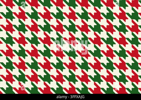 Houndstooth pattern in green and red Christmas colors. Plaid, scarf, tablecloth or wrapping paper geometric print. Classical tweed or flannel fabric ornament. Vector flat illustration. Stock Vector