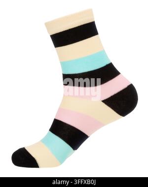 Single multicolored striped sock in black, cream, turquoise and pink isolated on a clean white background, showing knitted fabric, cuff, heel and toe Stock Photo