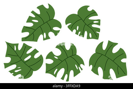 Tropical monstera leaf composition with large green split leaves for botanical decor, textile design, stationery, home interiors, wall art and exotic Stock Vector
