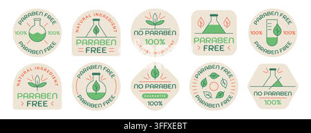 Paraben free badge logo vector set. Natural ingredient stamps, no preservatives, toxic, artificial chemicals icon label for cosmetics packaging design. Emblem, symbol for healthy eco friendly products Stock Vector