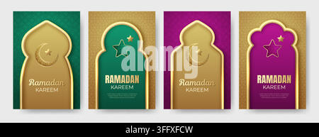Ramadan Kareem poster set with arabic golden frames, mosque silhouettes, islamic arch shape. Banner with gold arabesque windows, gates, moroccan borders with arabian traditional crescent and stars Stock Vector