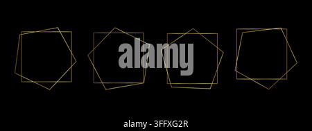 Set of shiny golden geometric frames in square and pentagon shapes. Luxury thin gold templates for wedding or birthday invitations or greeting cards, event or party banners. Vector illustration. Stock Vector