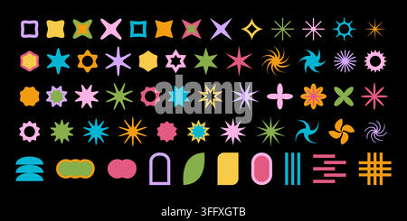 Set of cute colorful geometric shapes. Modern aesthetic forms isolated on black background. Simple twinkle and flower, star and spinner, arch and sun symbols in techno style. Vector flat illustration. Stock Vector
