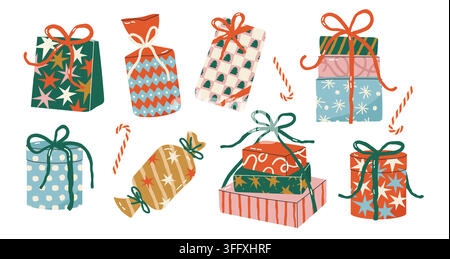 Christmas gift box set with present wrapped packages, candy canes, bows, stars, and holiday patterns Stock Vector