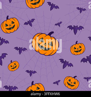Seamless pattern with cheerful pumpkins and bats. Halloween design. Suitable for wrapping paper, gifts, and invitations. Vector. Stock Vector