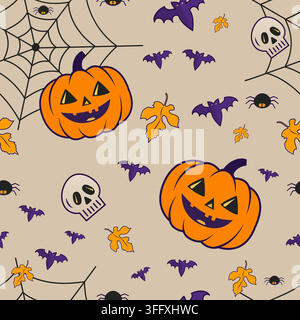 Seamless pattern with cheerful pumpkins, spiders, skulls, and bats. Halloween design. Suitable for wrapping paper, gifts, and invitations. Vector. Stock Vector