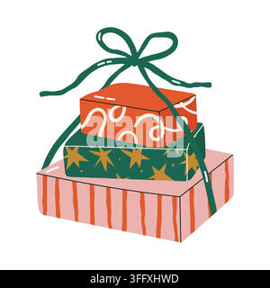 Stack of three wrapped present boxes bound together with a green ribbon bow Stock Vector