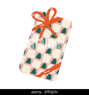 Rectangular gift box wrapped in checkered pattern with christmas trees and red ribbon Stock Vector