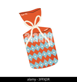 Tall christmas gift box wrapped in blue and red pattern with white ribbon bow Stock Vector