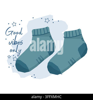 Blue ankle socks with Good Vibes Only lettering vector illustration Stock Vector