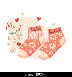 Red Christmas ankle socks with snowflakes and Merry and Bright lettering vector illustration Stock Vector