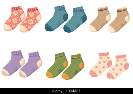 Colorful ankle socks collection with winter patterns vector illustration isolated on white Stock Vector