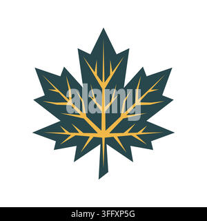 Modern dark green maple leaf vector illustration with gold veins isolated on white for autumn harvest and seasonal decor. Stock Vector