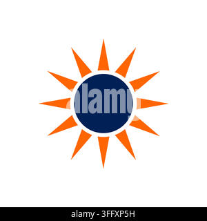 Abstract minimalist sun icon with navy blue circle and orange triangular rays isolated on white background for solar energy concept. Stock Vector